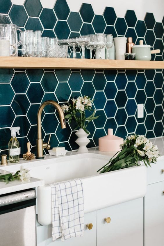 Green Honeycomb Tile Backsplash With Brass Fixtures And Open Shelving Carla Bast Design