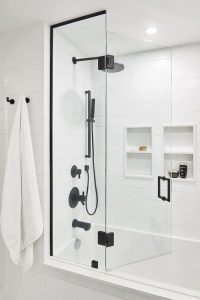 Bathroom Shower with Matte White Subway Tiles and White Grout