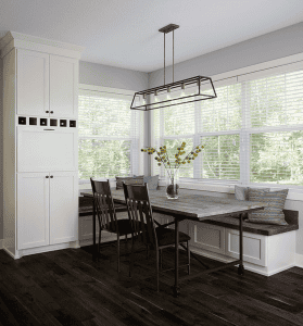 Reclaimed wood pops in the dining room table and built-in bench seating gave this kitchen a modern farmhouse aesthetic.