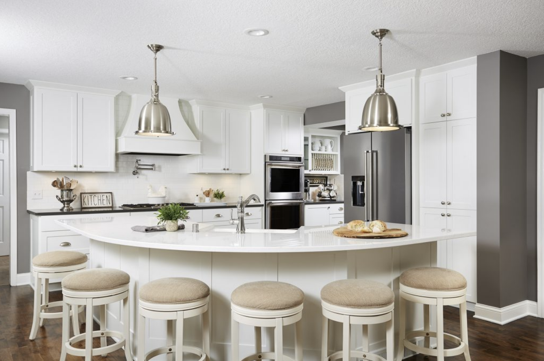 A New Rounded Kitchen Island With Ample Seating Gave This Kitchen A Contemporary And Open Vibe Carla Bast Design