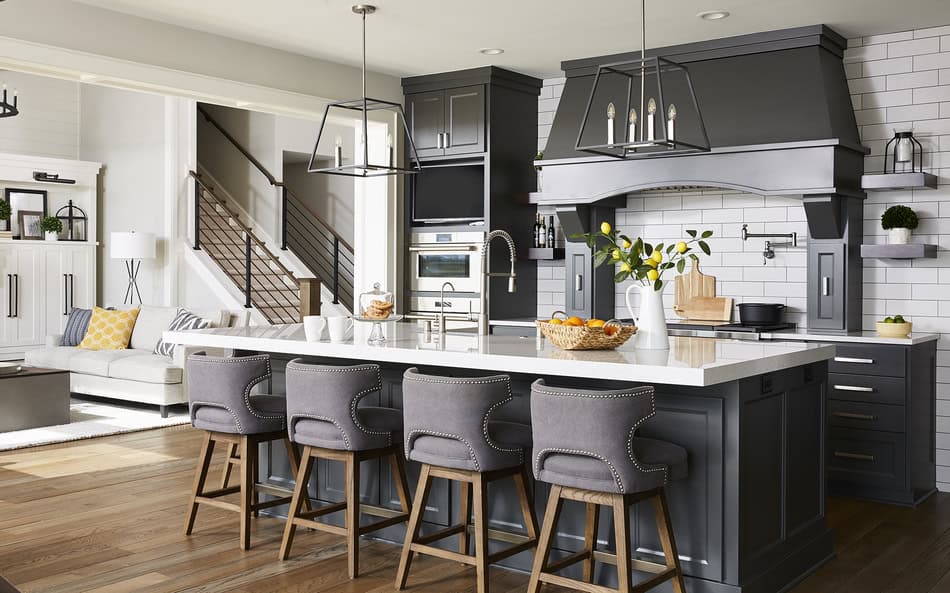 Modern Farmhouse Kitchen with Dark Grey Cabinets and White Quartz ...