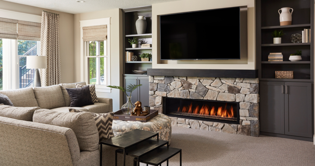 building stone tile fireplace with single shelf