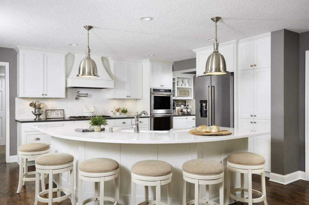 White kitchen discount island with stools