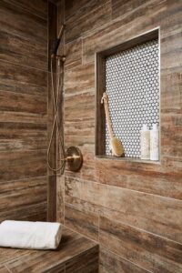 Steam Shower, Wood Look Tile Planks, Penny Round tile, hexagon tile, hex, champagne brass, gold, Shampoo Shelf, Niche, Shower Bench