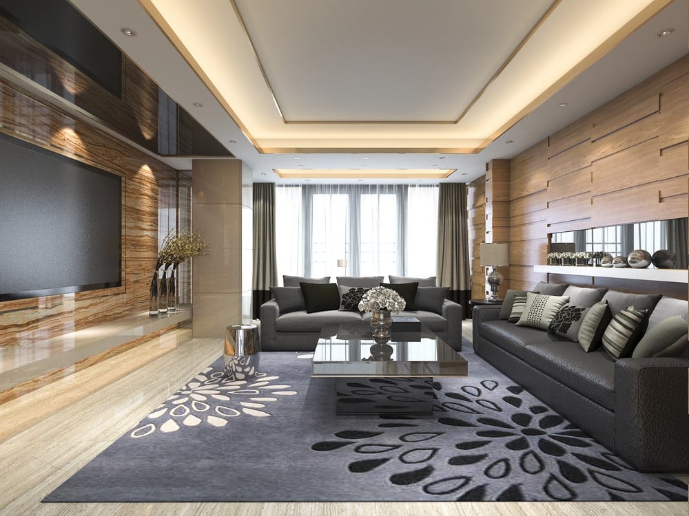 A wall of 3D wood-look tiles creates a dramatic backdrop in this living room tile design idea