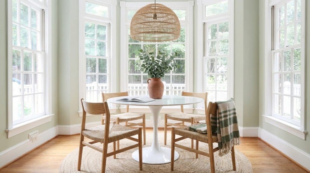 Dining room with painted white trim and oak floors demonstrating how to update and modernize a 90s home with warm wood tones.