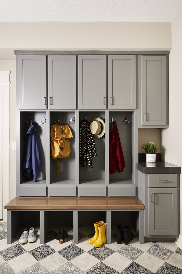 Updated Mudroom with Grey Lockers and LVT floor