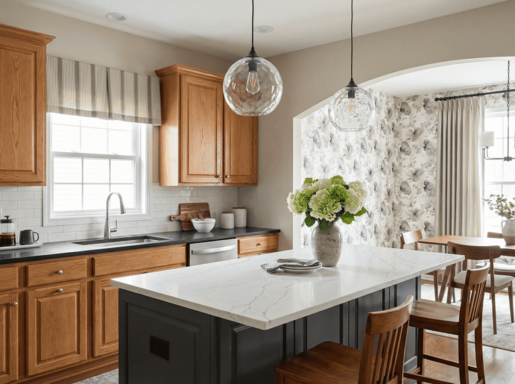 Kitchen with honey oak cabinets, dark island, quartz countertop, and updated wallpaper showing a modern kitchen update.