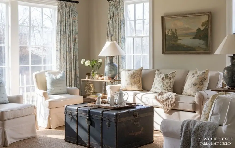 This cozy living room embodies cottage core charm with soft neutrals, floral accents, and vintage details. An antique trunk serves as a unique coffee table, adding character, while a knit blanket draped over the sofa enhances the inviting feel. A classic piece of art in an antique frame complements the nostalgic ambiance, tying together the room’s warmth and timeless appeal. Farmhouse style alternatives in design.