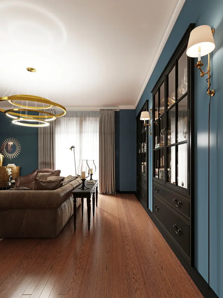oak-floor-blue-walls-black-built-in