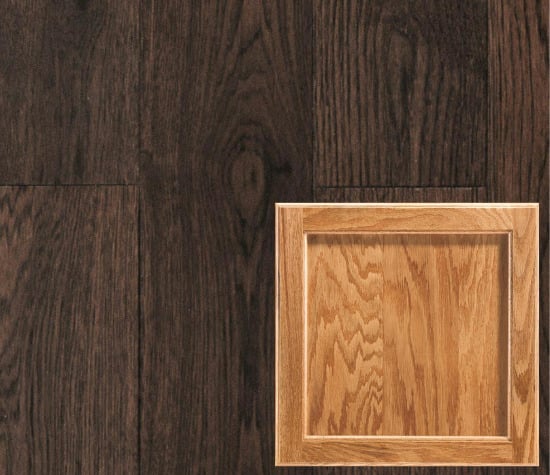 dark brown wide plank flooring with oak cabinets