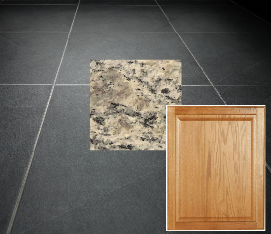 dark grey tile floor with st. cecelia granite and honey oak