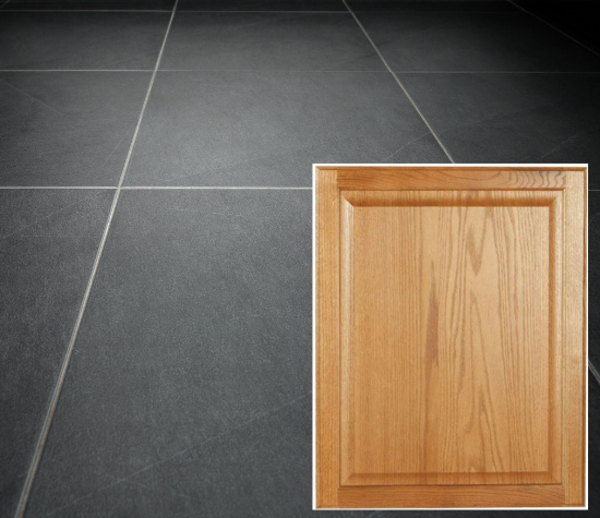 dark gray tile floor with honey oak