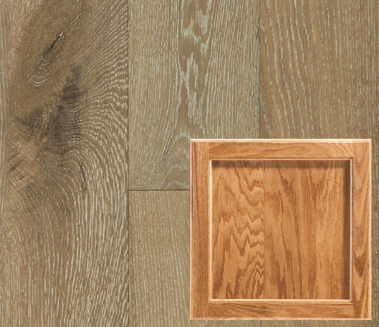 honey oak kitchen cabinet with updated wide plank flooring