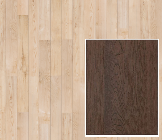 light wood flooring with brown oak cabinets
