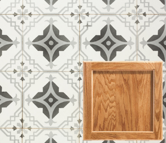 encaustic black and white tile floor with honey oak
