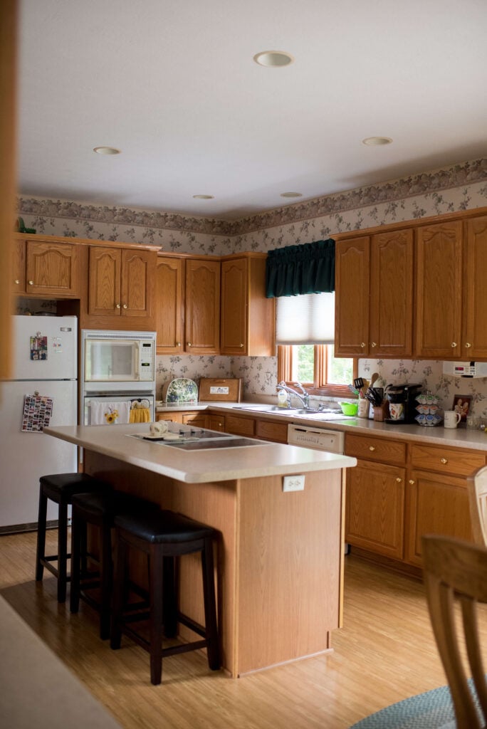 Honey Oak Kitchen with Oak Floors. 