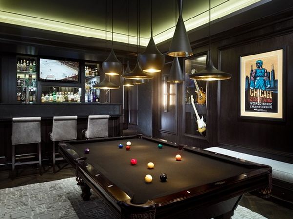 black-modern-playroom-with-bar-and-Piquito-Black-Mini-Pendant-Light