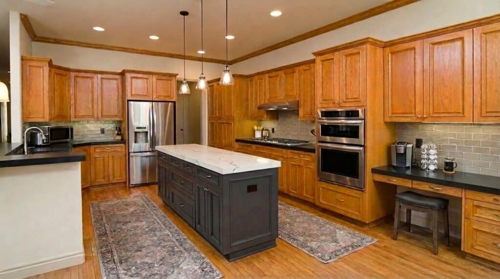 1990s kitchen with honey oak hardwood floor and honey oak cabinets updated with a painted island pendant lights new countertops and tile backsplash