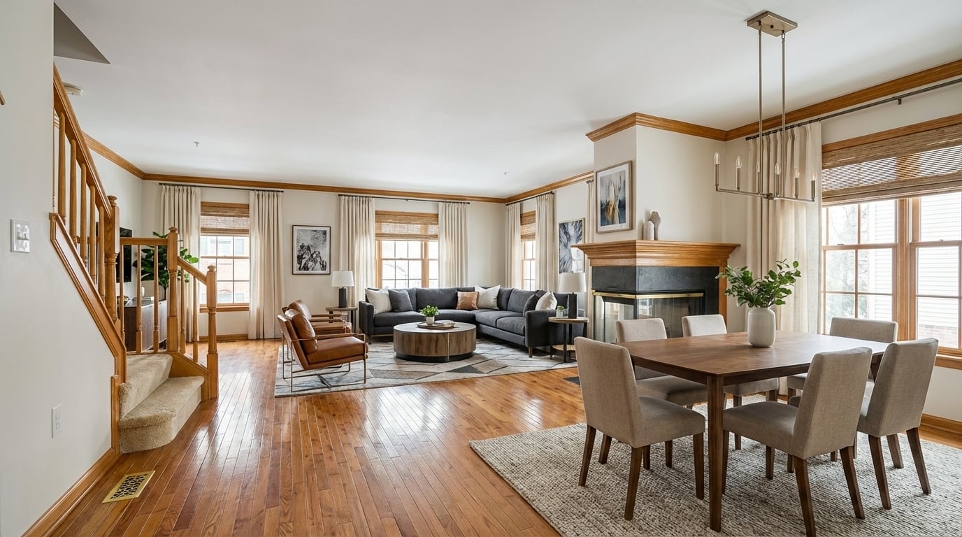 an updated honey oak living room with modern furniture and decor