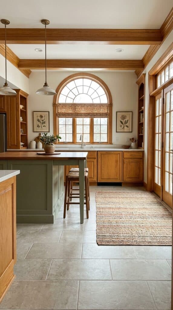 How to work with your Honey Oak - A large sized greige color tile draws the eye away from the oak trim peppered throughout this kitchen, allowing for a much more modern look with a new color scheme and white walls.