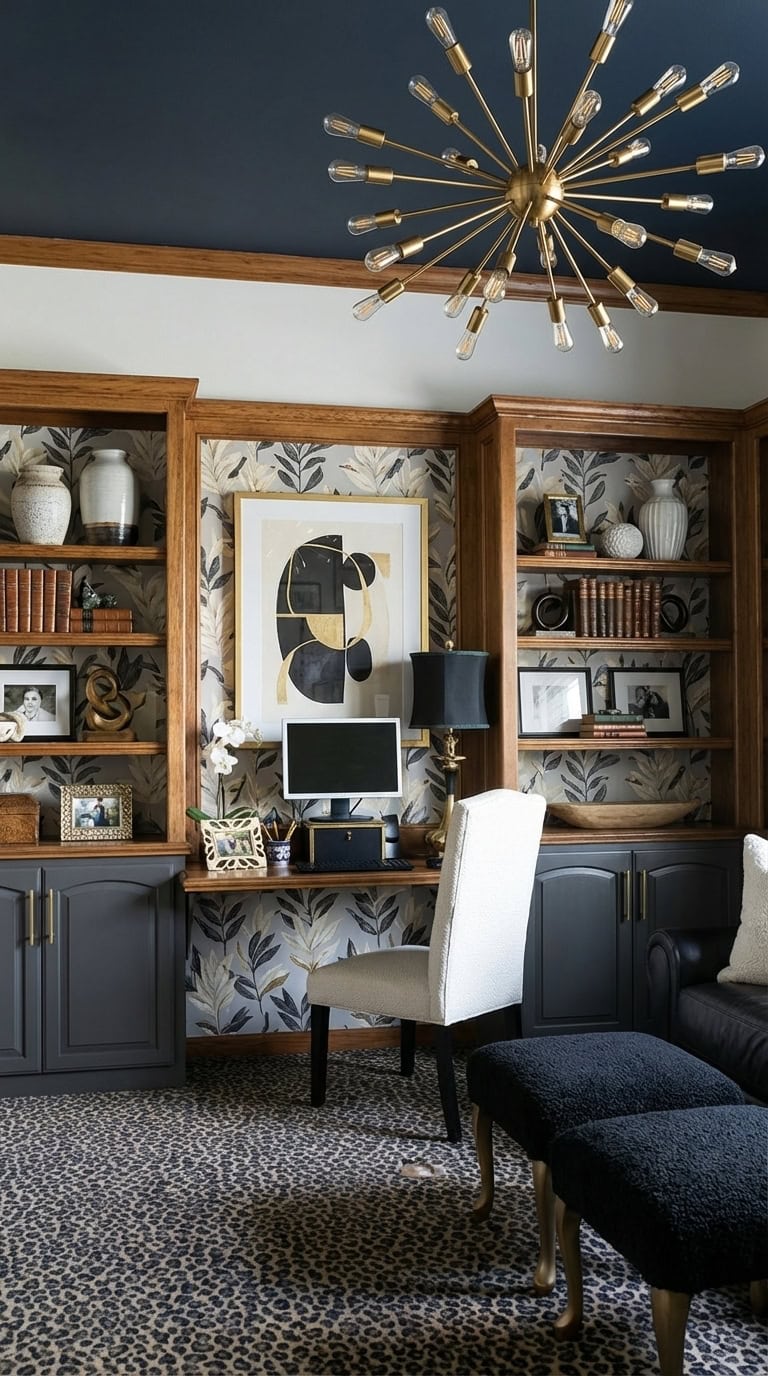 Honey Oak Cabinets with Elegant Trim for Home Office.