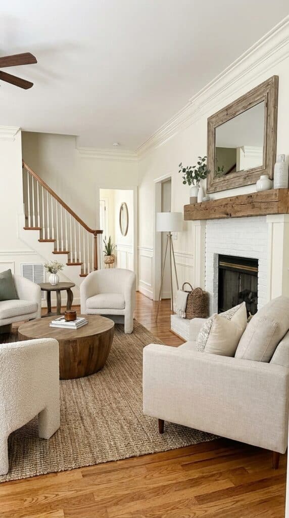 living room with honey oak flooring creamy white halls and trim and painted brick fireplace
