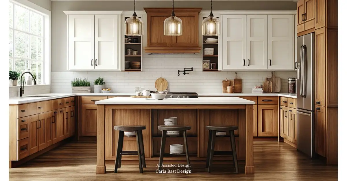 Paint your upper cabinets a warm white to create a two-tone look that feels airy and modern. This combination shows how it works wonders in maintaining the natural wood warmth without the entire kitchen changing to white cabinets.