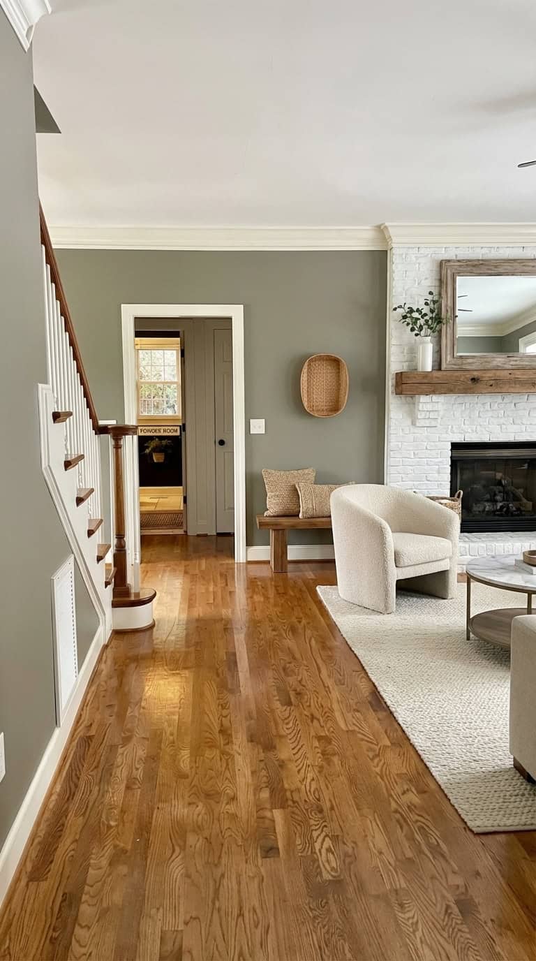 oak flooring looks rich and intentional by painting the stair railing spindles and base trim white and adding a warm sage green to the walls