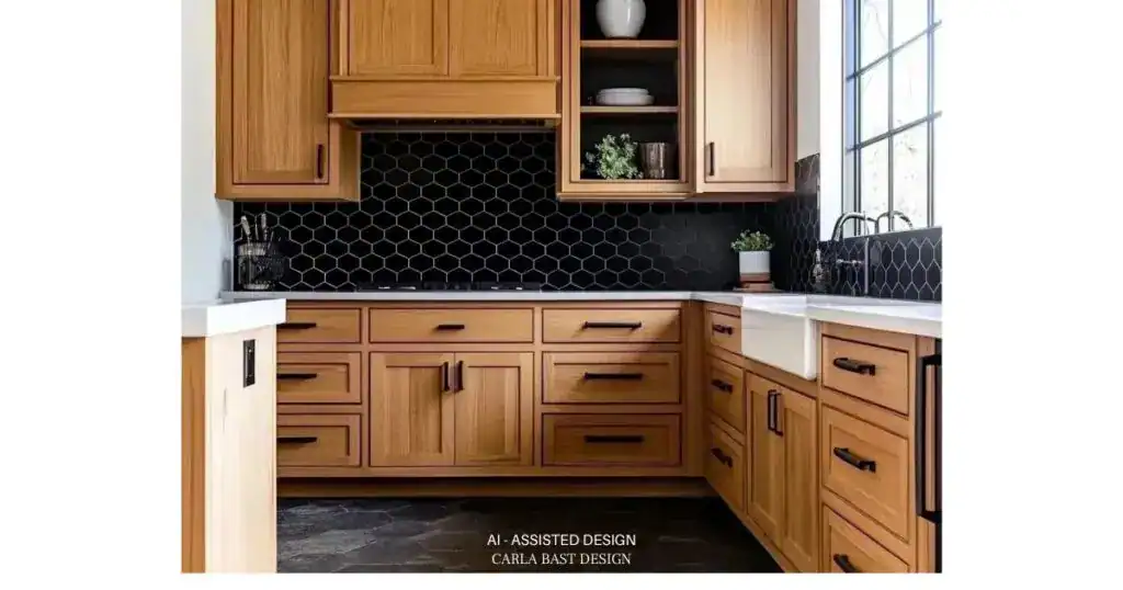 oak-kitchen-black-hex-tile-backsplash