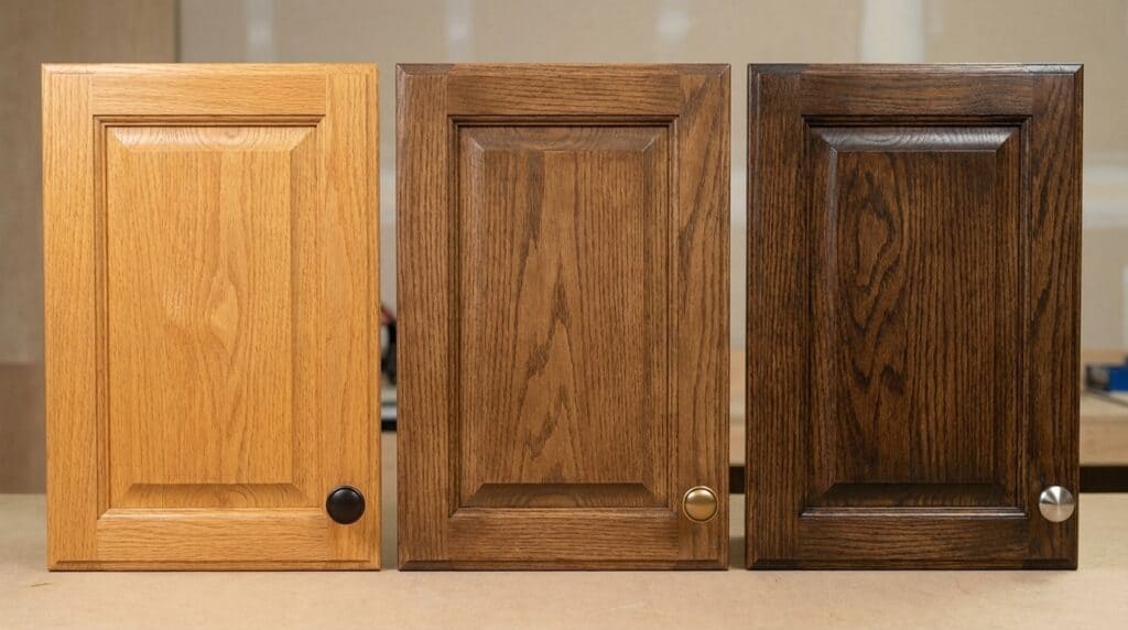 gel stain on honey oak cabinet doors showing light honey oak medium brown and dark stain options