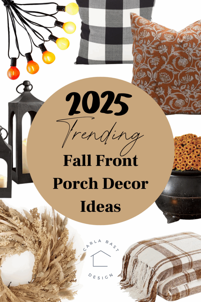Cozy fall front porch decor with pumpkins, hay bales, mums, plaid throw blankets, lanterns, and autumn wreath in warm earthy colors for 2025 seasonal decor by carla bast design