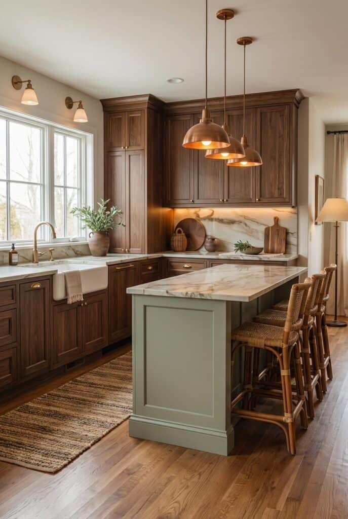 an earthy kitchen with sage green  center island and brown wood cabinets - bar stools in woven materials - copper pendants with soft daylight creating the most natural feel - textured earth tone rug runner