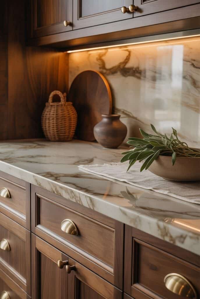 earthy-kitchen-with-warm neutrals and textures on a stone countertop