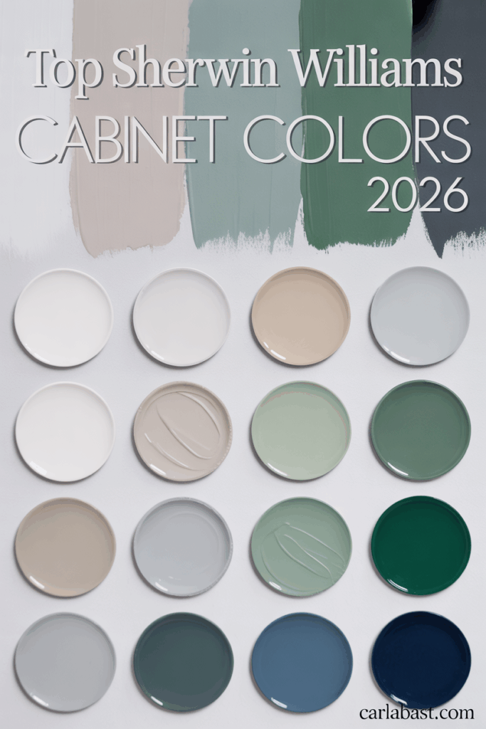 Sherwin Williams cabinet paint colors for 2025 featuring a mix of timeless whites, warm neutrals, rich greens, charcoal gray, and bold blues. Discover expert recommendations for the best shades to refresh your kitchen cabinets.