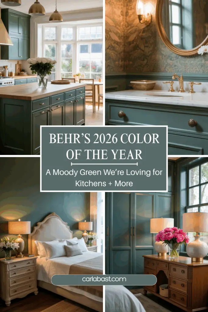Designer review of Behr Hidden Gem 2N430-6A, the 2026 Color of the Year. A smoky jade green that pairs beautifully with warm wood tones, creamy whites, brass accents, and moody textures. Learn how to use this deep jewel tone in kitchens, bathrooms, or built-ins for a modern, sophisticated look.