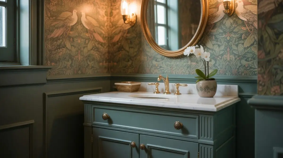 behr hidden gem vanity in a powder room with william morris style wallpaper