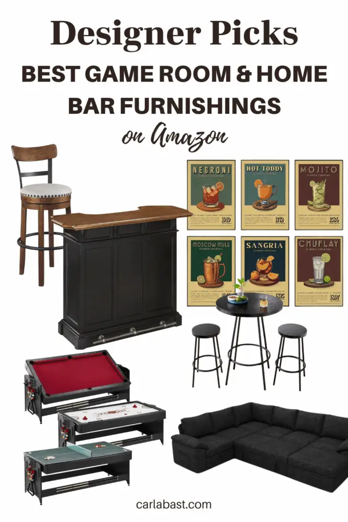 Stylish game room and home bar furniture trends including bar stools, pub tables, wine racks, and game tables in modern and rustic designs curated by Carla Bast Design