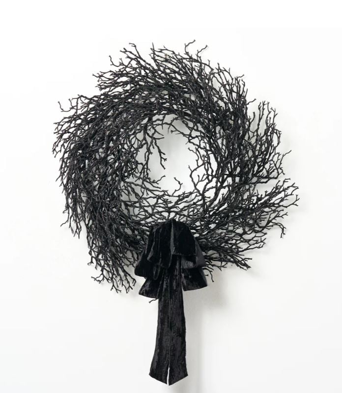 Raw Edge Black Velvet Bow & Glitter Twig Wreath