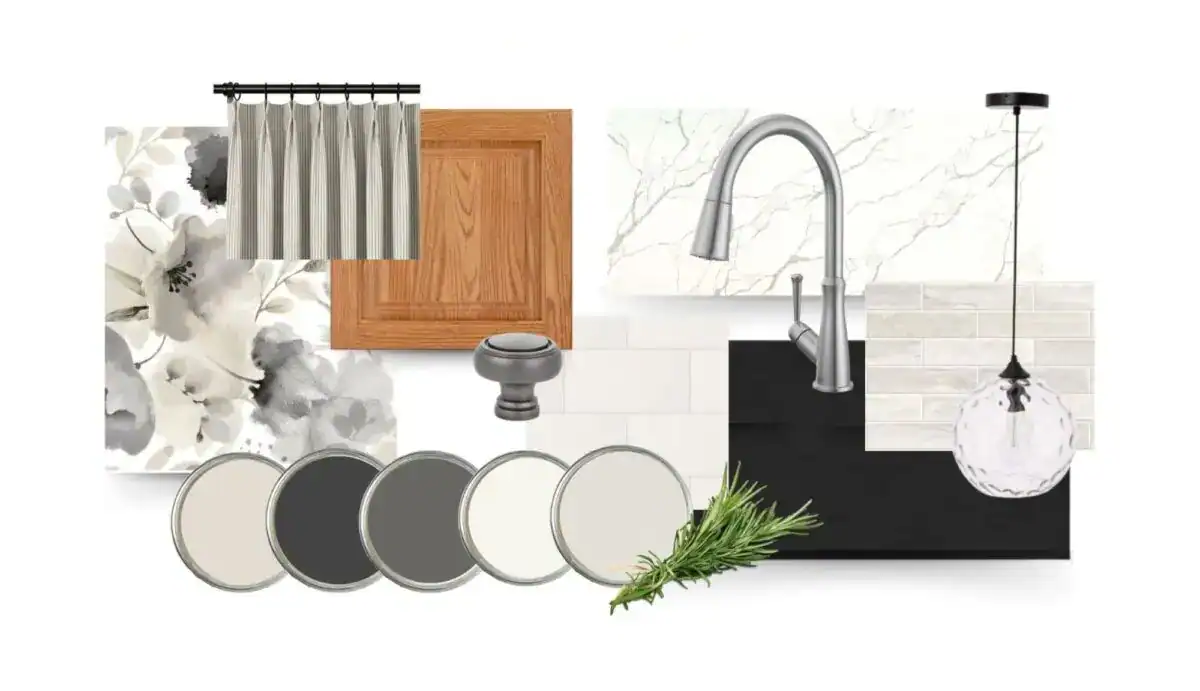 Honey oak kitchen design with neutral tones and marble accents.