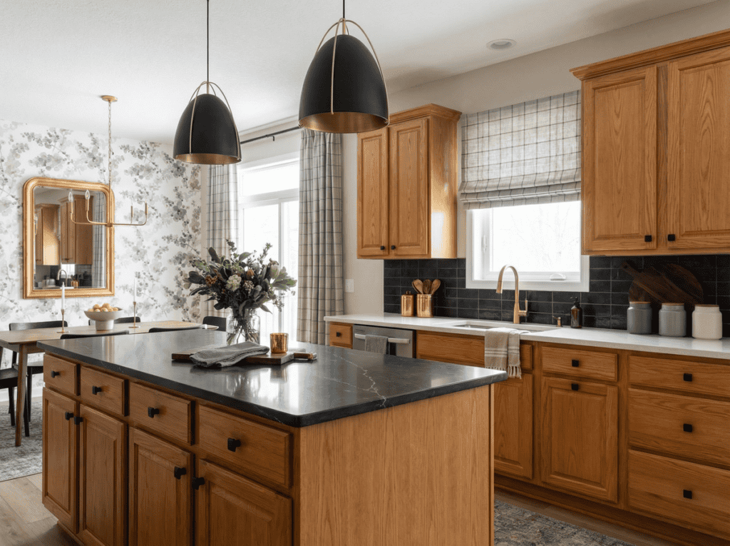 honey oak kitchen with matte black center island countertop and white quartz perimeter countertop and black subway tile backsplash