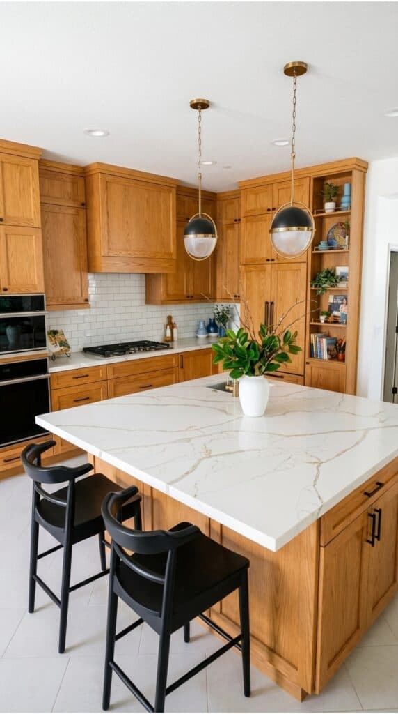 honey oak kitchen with calacatta laza gold Q quartz by MSI countertops