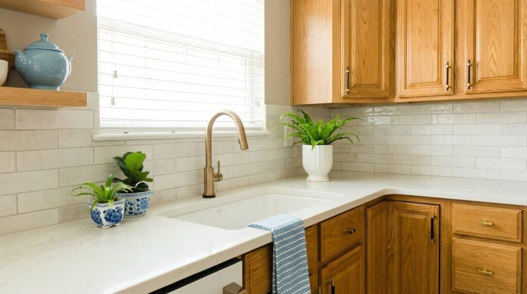 Countertop in honey oak kitchen with white surface and wooden cabinets.