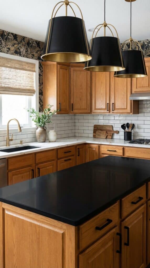 honey oak kitchen updated with modern black pendant lighting white subway tile with white countertop black island countertop
