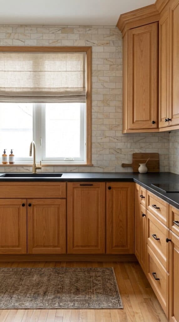 Honey oak kitchen cabinets with black countertops and natural light.