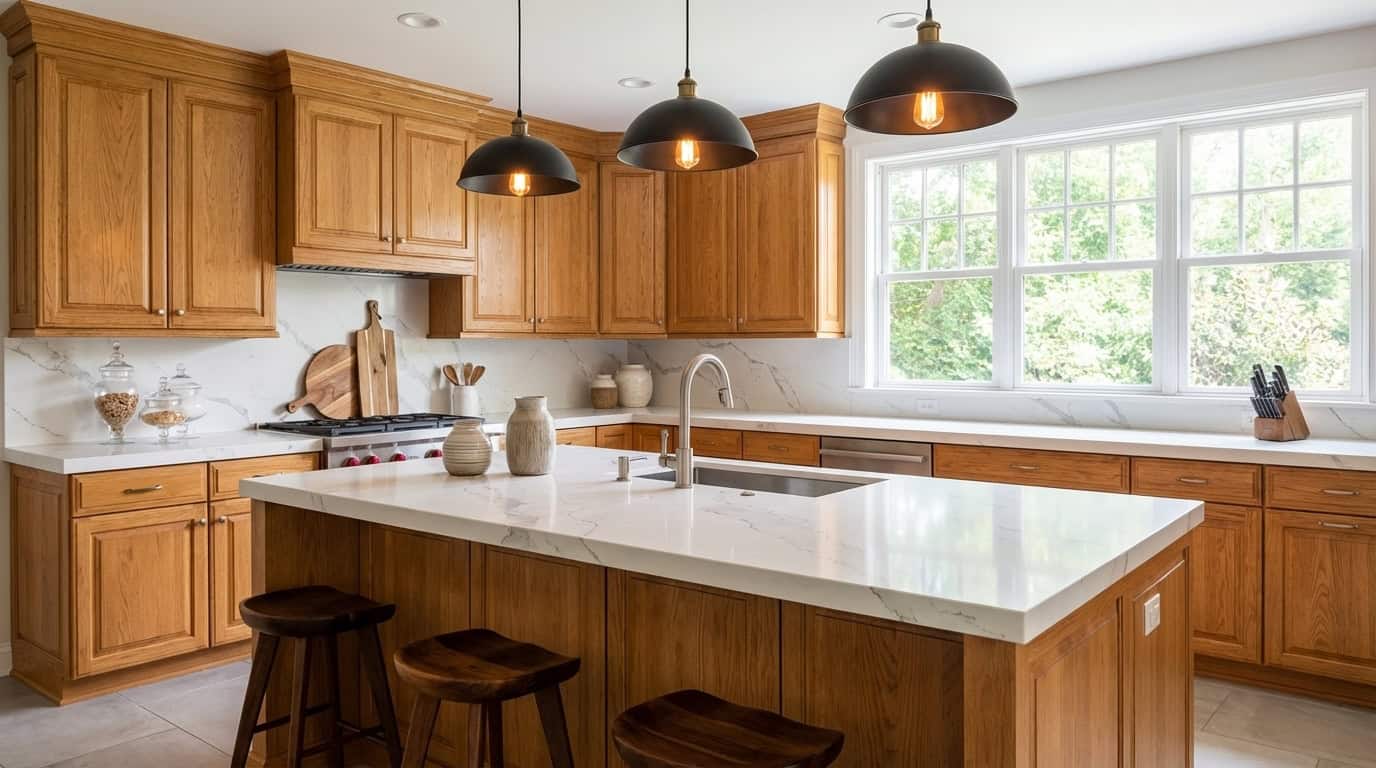 Bright kitchen with honey oak cabinets and white marble countertops.