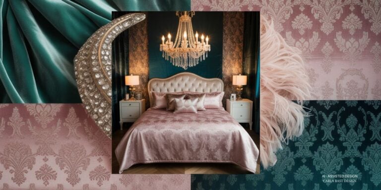 Life of a showgirl bedroom aesthetic with pink damask, emerald green silk, crystal chandelier
