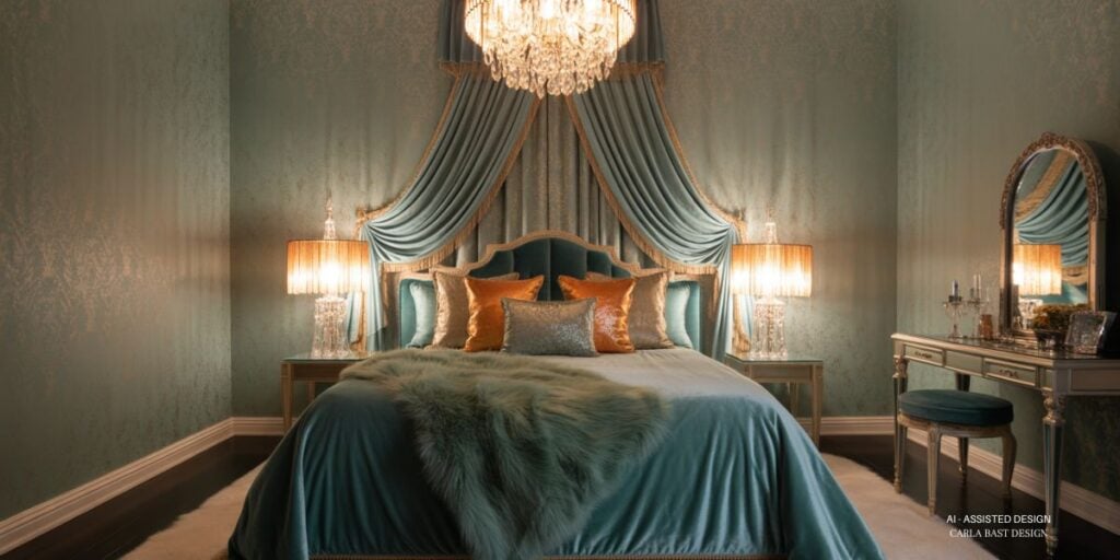 Life of a showgirl bedroom aesthetic mint green wallpaper and crystal chandelier
