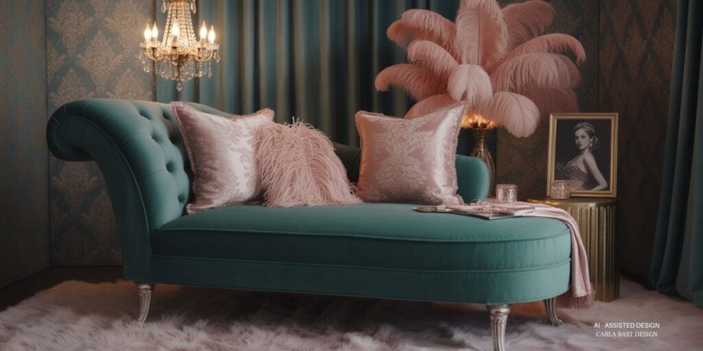 Life of a showgirl aesthric with emerald green chaise lounge and pink damask throw pillows, crystal chandelier and fur rug