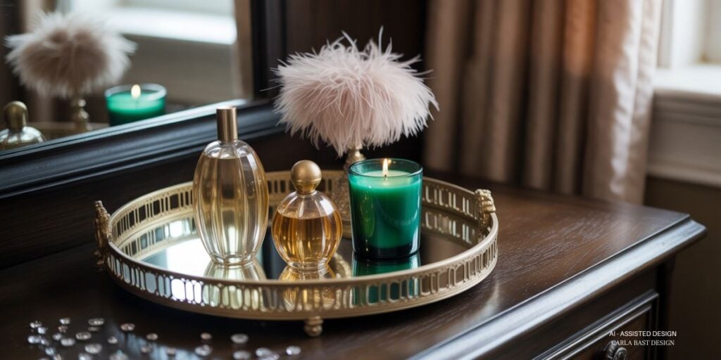 Life of a showgirl bedroom aesthetic mirrored gold tray with perfume, pink feather plume and emerald green candle